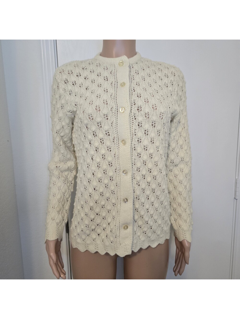Vintage 1960's Knit Sweater Button Down Cardigan Off White Cottagecore